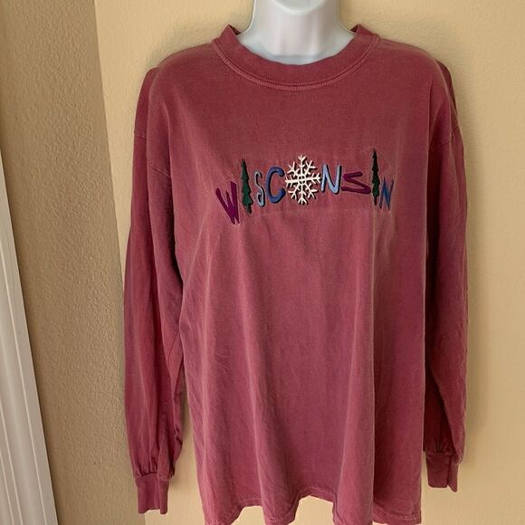 Pink vintage crewneck long sleeve Wisconsin up north Y2k tee shirt large - Picture 1 of 6
